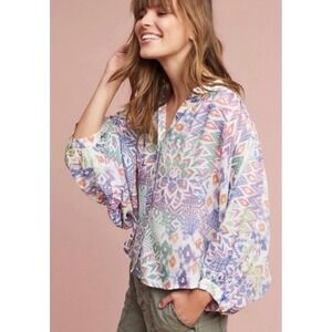 Maeve Anthropologie Womens Large Multi Color Geometric Ikat Button Front Blouse